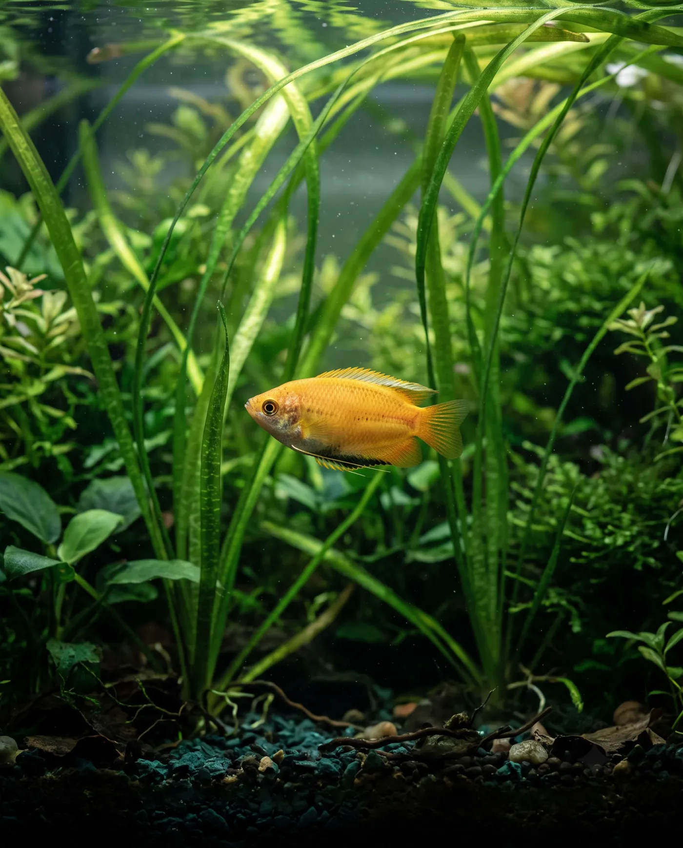 Gourami miel en un acuario plantado, iluminado desde arriba