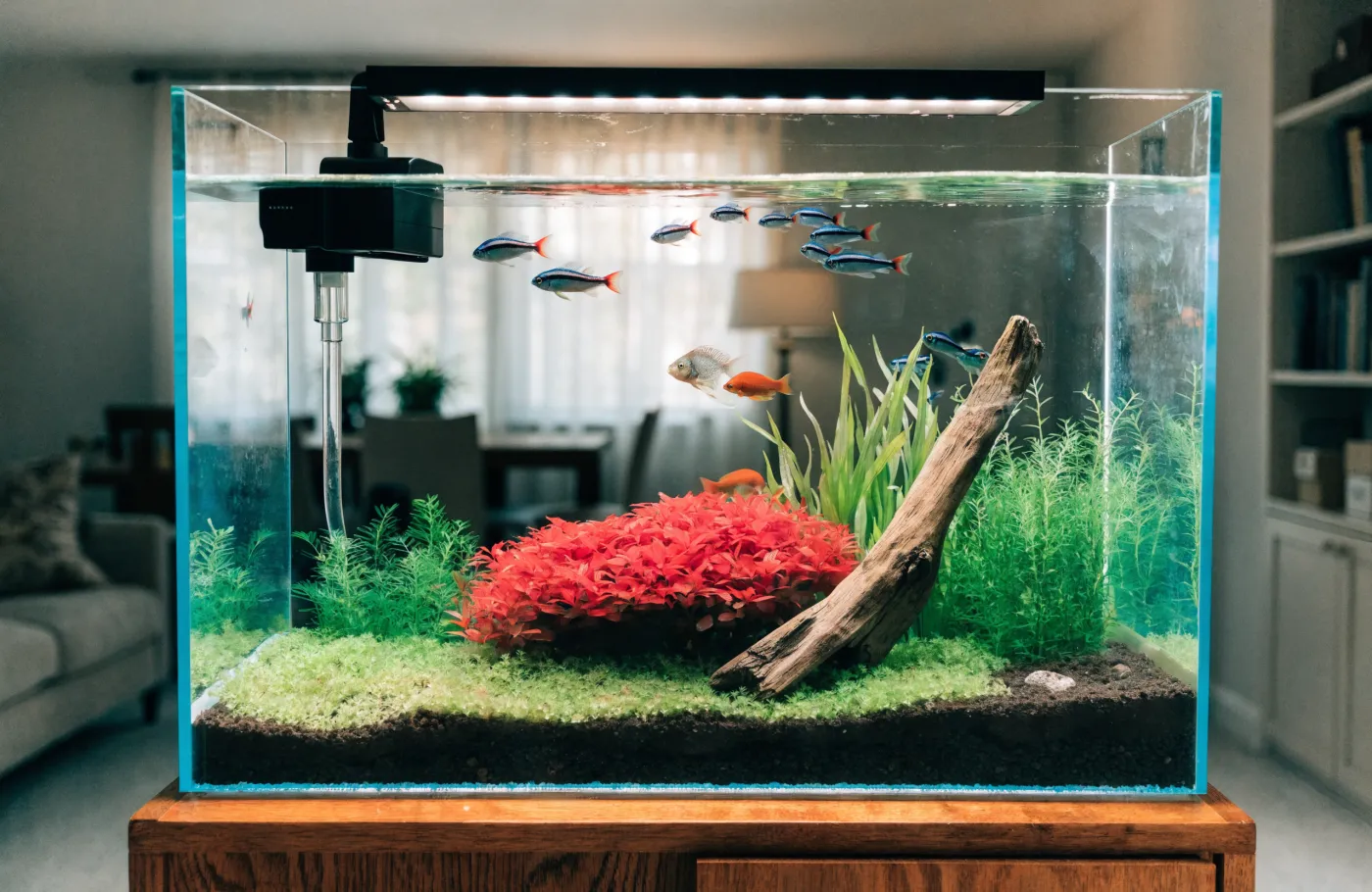 Acuario plantado con troncos, rocas y plantas de tallo